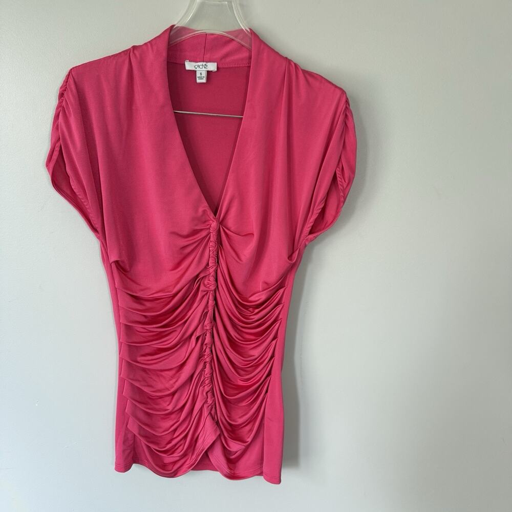 VTG 90’s Y2K Cache Drape V-Neck Ruched Bias Cut Blouse Sz S Shiny Pink